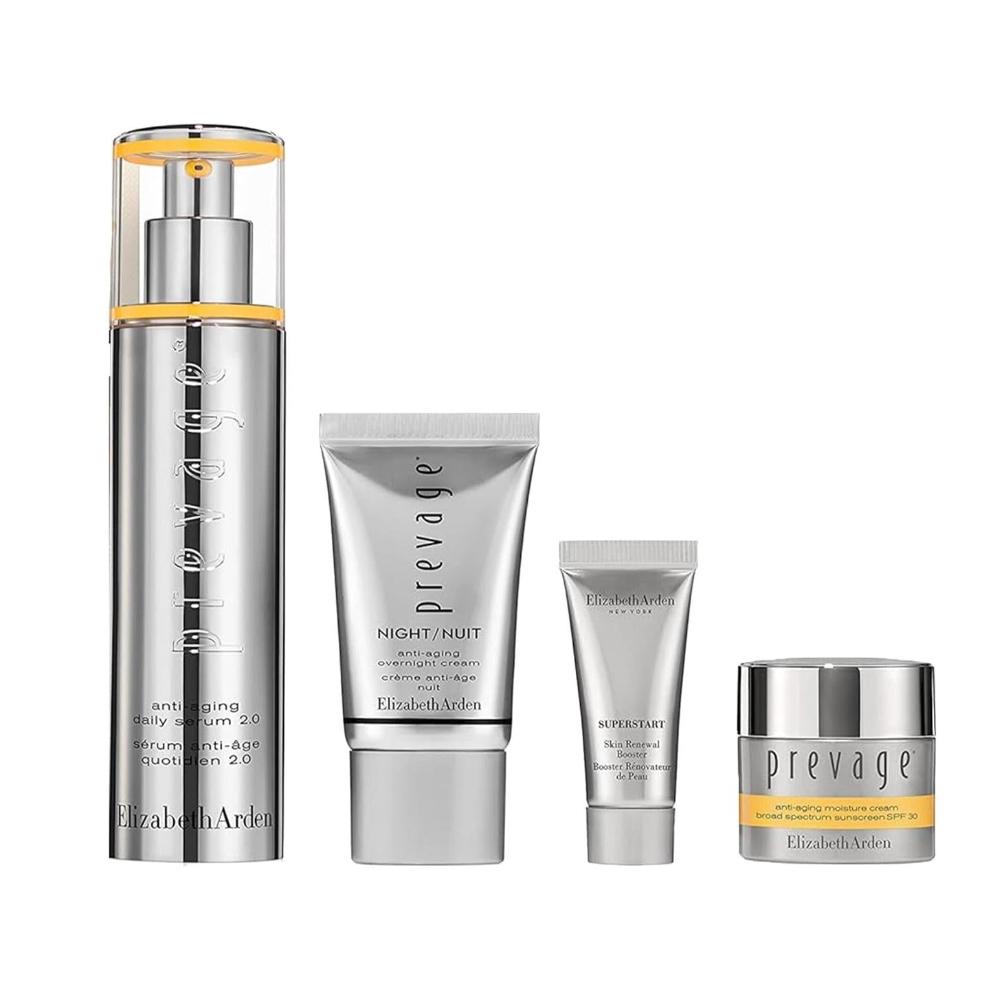 Prevage 2.0 anti-aging serum set with four silver bottles and orange accents by Elizabeth Arden on Tampa Home & Garden Store