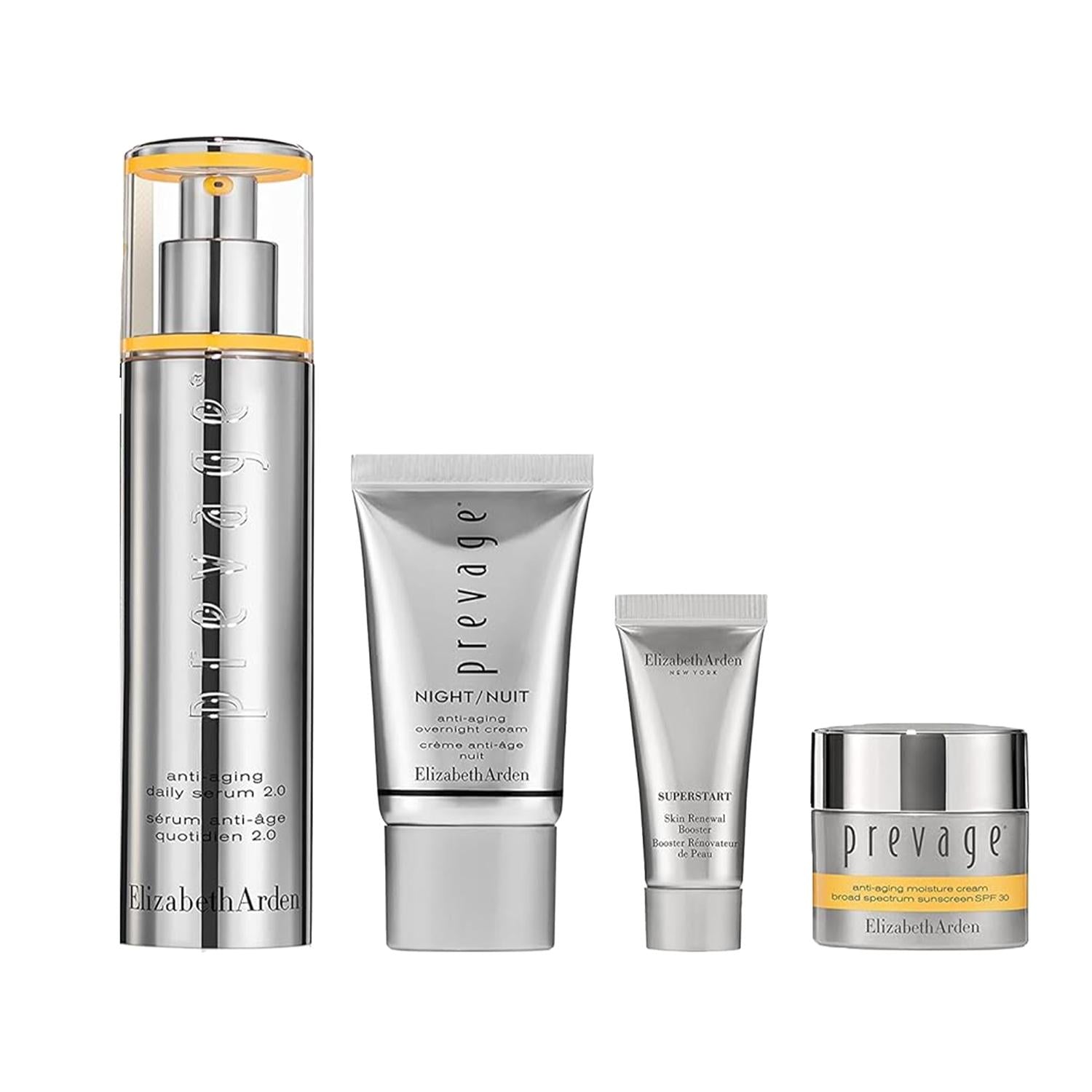 Prevage 2.0 anti-aging serum set with four silver bottles and orange accents by Elizabeth Arden on Tampa Home & Garden Store