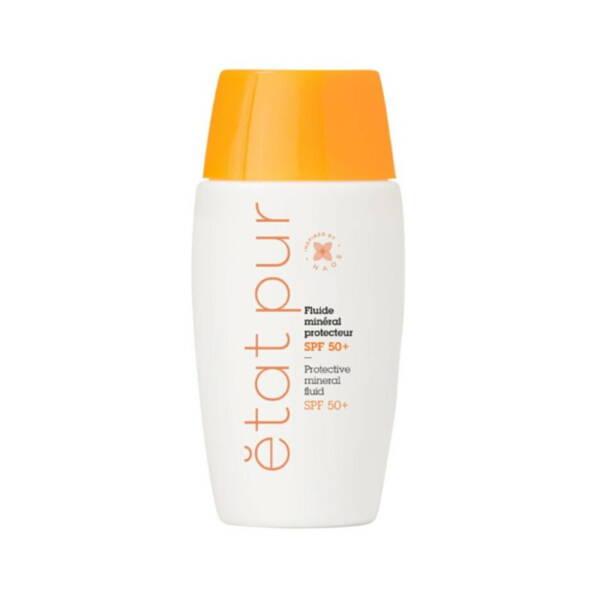 Sunscreen Etat Pur Mineral Fluid SPF 50+ bottle with orange cap, Beauty Care Bag on Tampa Home & Garden Store