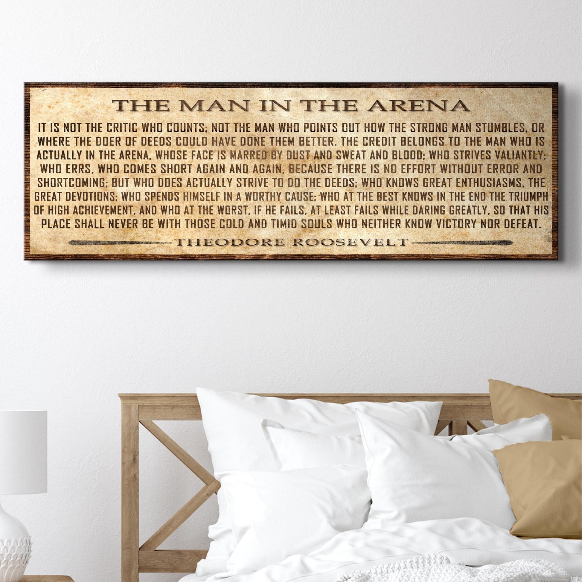 The Man In The Arena Canvas Sign by Tailored Canvases, vintage parchment tone on Tampa Home & Garden Store