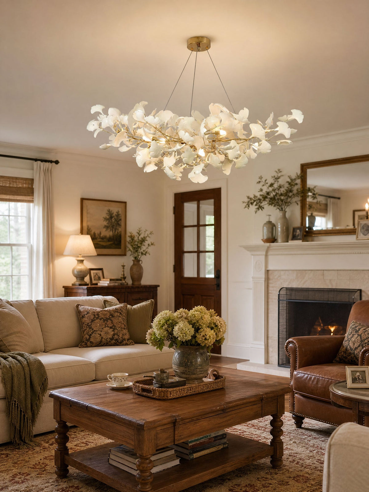 Chandelier Moktan Sabai Porcelain Ginkgo Linear with flexible gold branches white leaves on Tampa Home & Garden Store