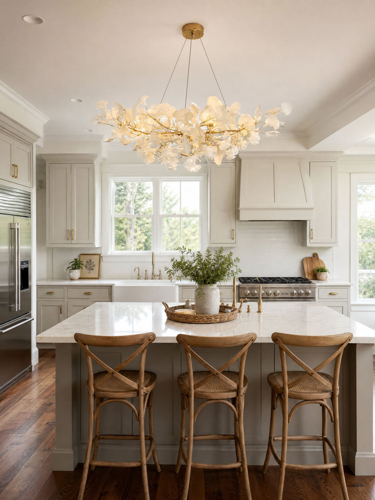 Porcelain Ginkgo Leaf Linear Chandelier with flexible branches Moktan Sabai gold finish on Tampa Home & Garden Store