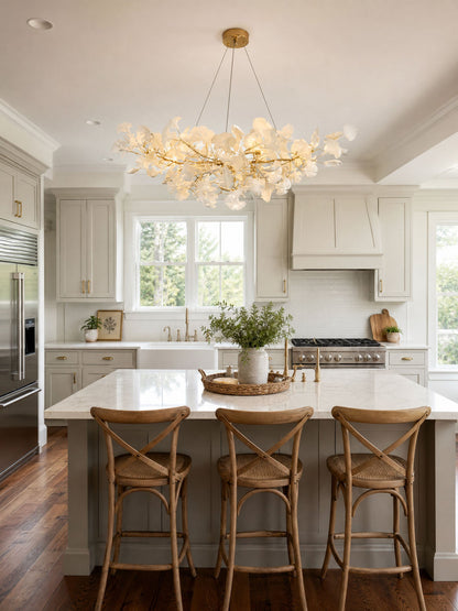 Porcelain Ginkgo Leaf Linear Chandelier with flexible branches Moktan Sabai gold finish on Tampa Home & Garden Store