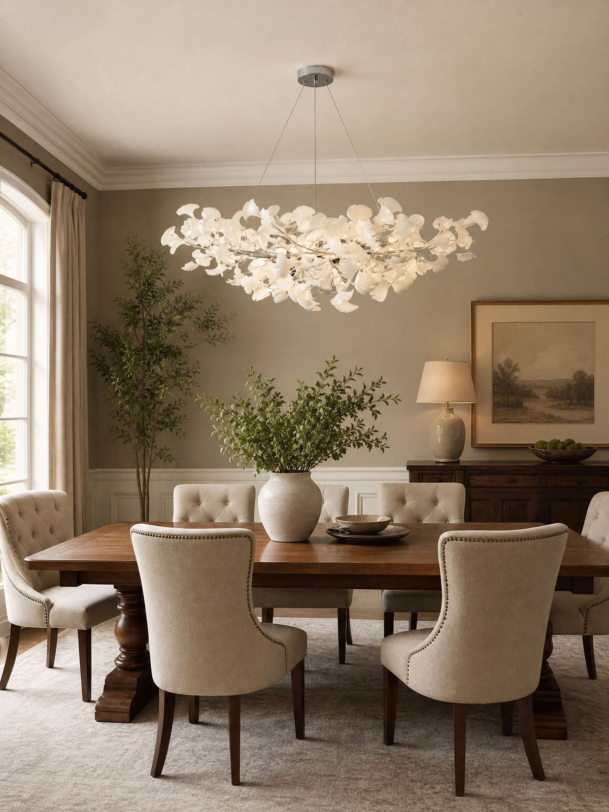 Chandelier porcelain ginkgo leaf linear with flexible branches Moktan Sabai over table on Tampa Home & Garden Store