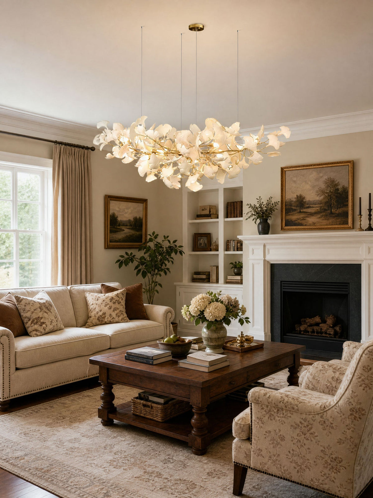 Porcelain Ginkgo Leaf Linear Chandelier with flexible branches by Moktan Sabai white leaves on Tampa Home & Garden Store