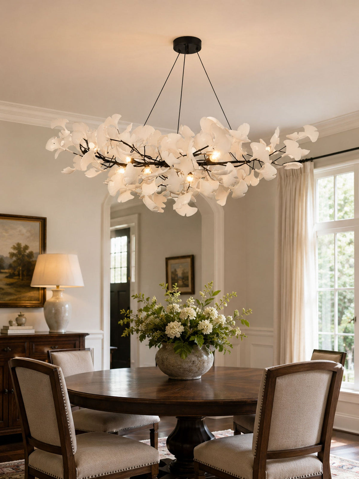 Chandelier Moktan Sabai Porcelain Ginkgo Leaf Linear with white leaves and black branches on Tampa Home & Garden Store