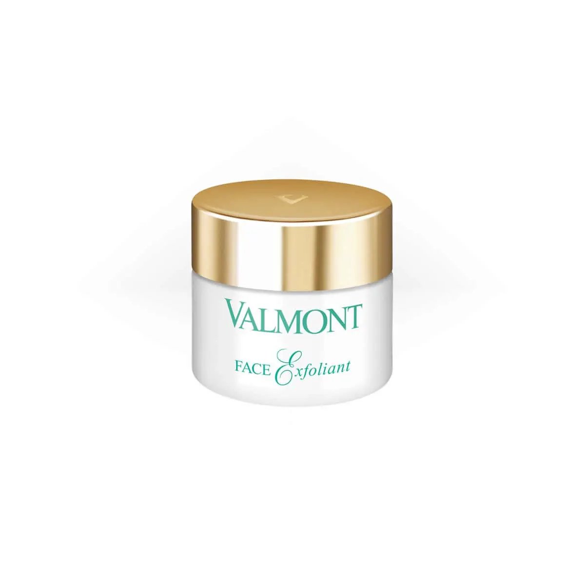 Valmont Face Exfoliant jar white container with gold lid and turquoise logo on Tampa Home & Garden Store