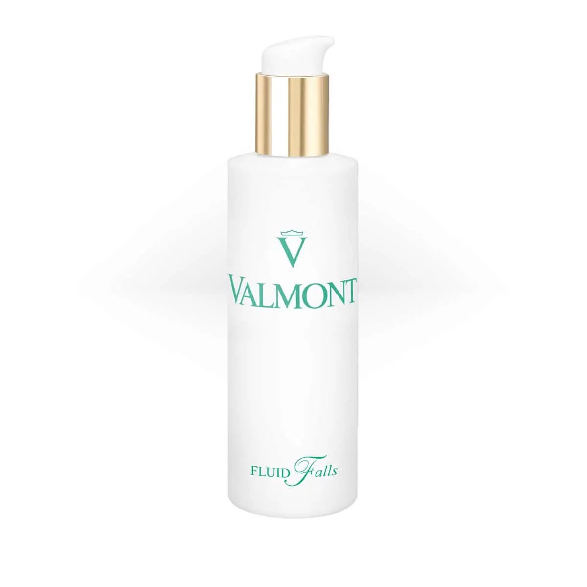 Valmont Purity Fluid Falls makeup remover bottle, white body with gold pump and teal logo on Tampa Home & Garden Store