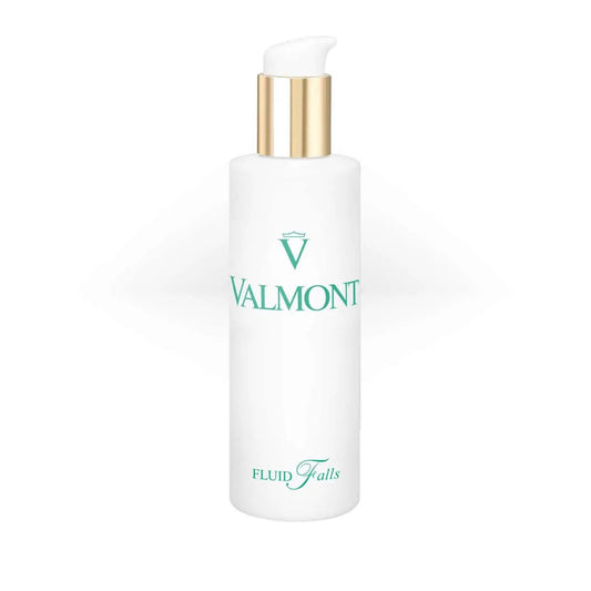 Valmont Purity Fluid Falls makeup remover bottle, white body with gold pump and teal logo on Tampa Home & Garden Store