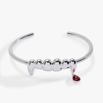 Vampire Teeth Fangs cuff bracelet in silver with a red teardrop charm, ALEX AND ANI on Tampa Home & Garden Store