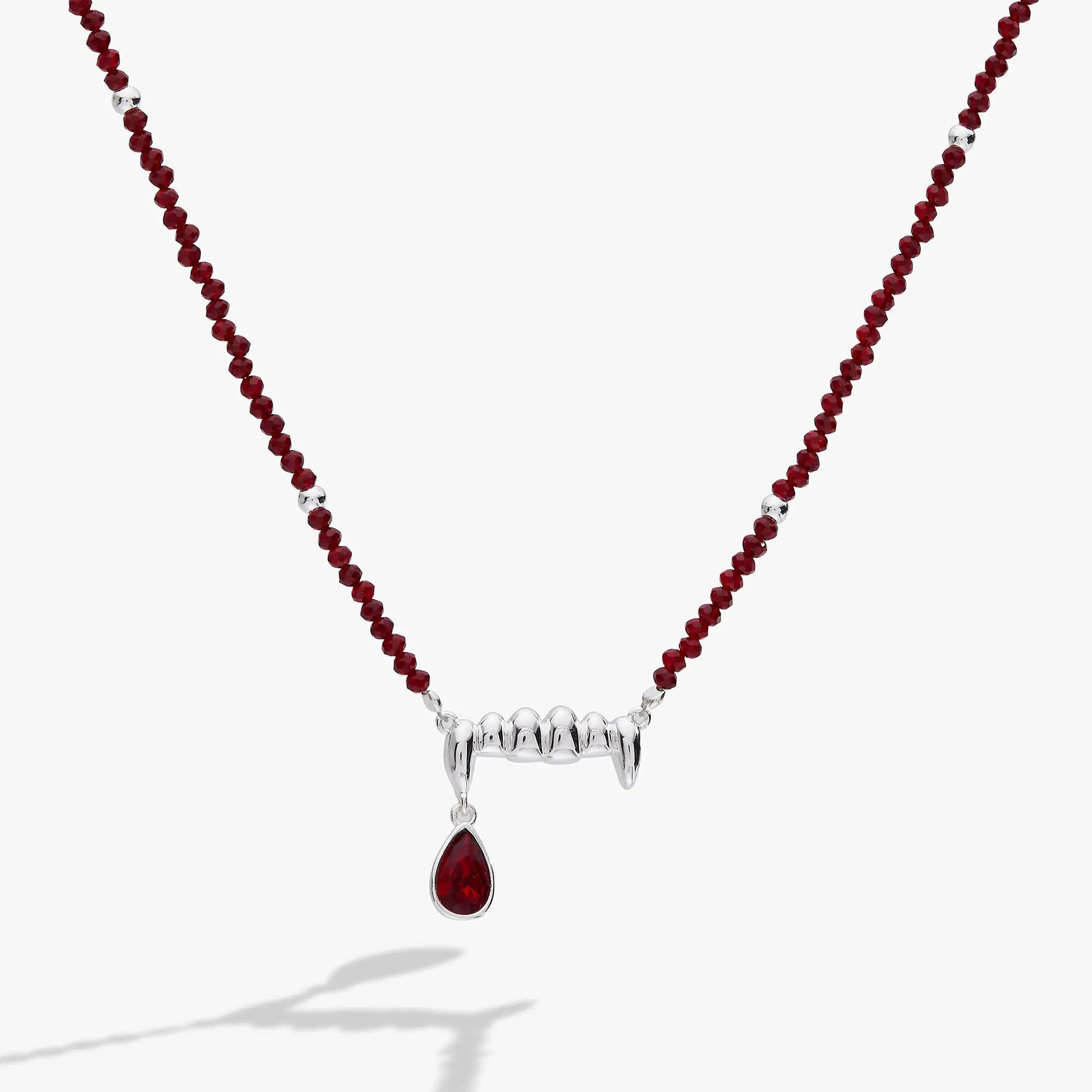 Vampire Teeth Fangs Pendant Necklace by ALEX AND ANI, red faceted beads with silver fang centerpiece on Tampa Home & Garden Store