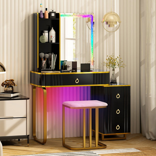 Tocador con luces LED RGB y estación de carga inalámbrica - Negro