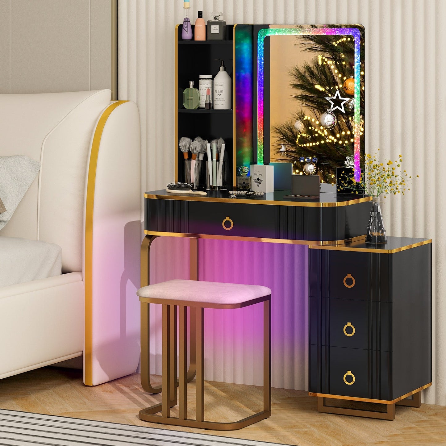 Tocador con luces LED RGB y estación de carga inalámbrica - Negro