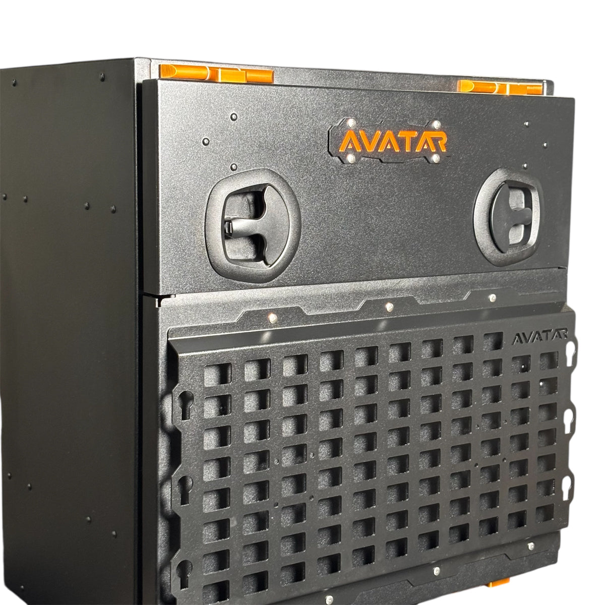 Avatar Niko Van Storage Box in black metal with orange AVATAR branding and vented panel on Tampa Home & Garden Store