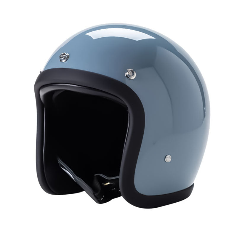 Low Profile Vintage Motorcycle Helmet by BikerZoneZ, blue open-face helmet with black rim on Tampa Home & Garden Store