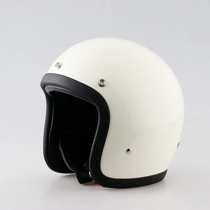 Open-face motorcycle helmet in white, vintage, DOT/ECE by BikerZoneZ with black padding on Tampa Home & Garden Store
