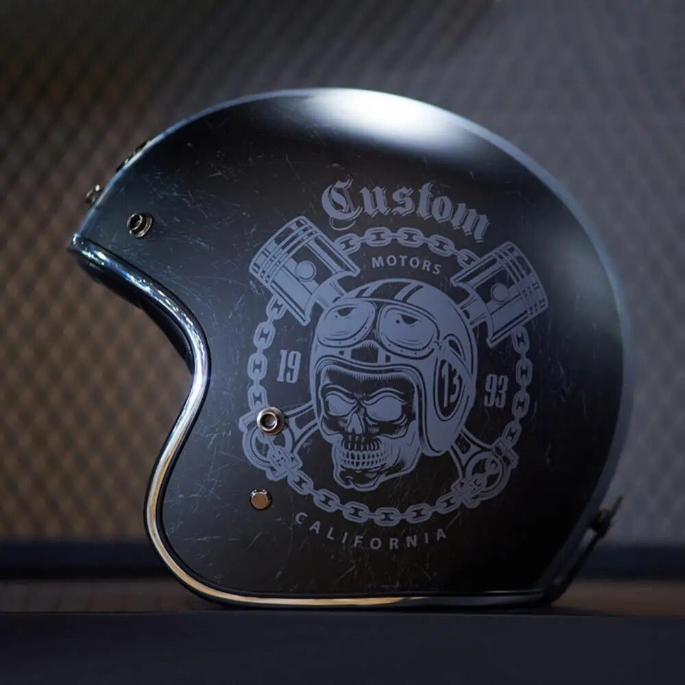 Fiberglass Retro Motorcycle Helmet, black open-face design, BikerZoneZ on Tampa Home & Garden Store
