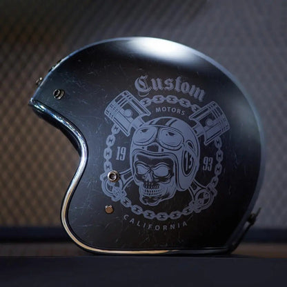 Fiberglass Retro Motorcycle Helmet, black open-face design, BikerZoneZ on Tampa Home & Garden Store