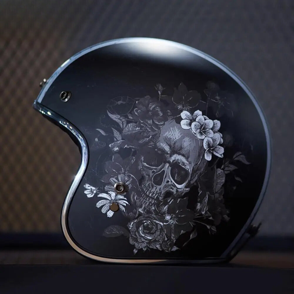 Fiberglass retro open-face helmet in black with gray skull and floral design, chrome trim on Tampa Home & Garden Store