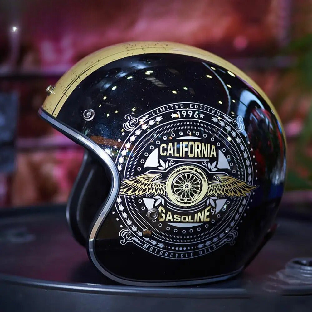 Fiberglass retro open-face helmet black with gold California Gasoline emblem by BikerZoneZ on Tampa Home & Garden Store