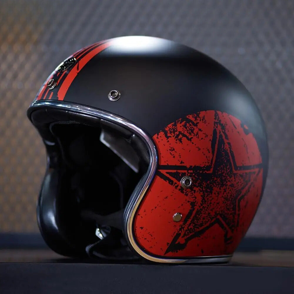 Fiberglass retro open-face helmet by BikerZoneZ in black with red graphic and chrome rim on Tampa Home & Garden Store