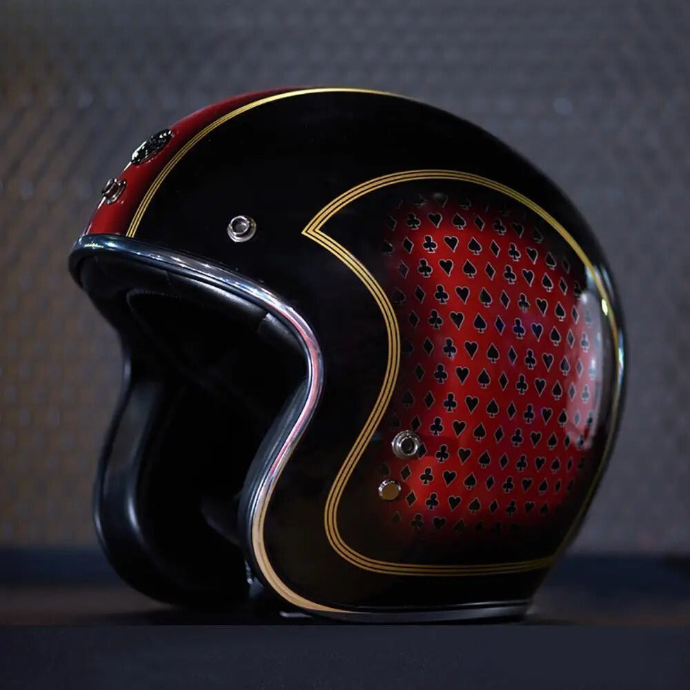 Fiberglass retro open-face helmet by BikerZoneZ, black with red interior and gold trim on Tampa Home & Garden Store