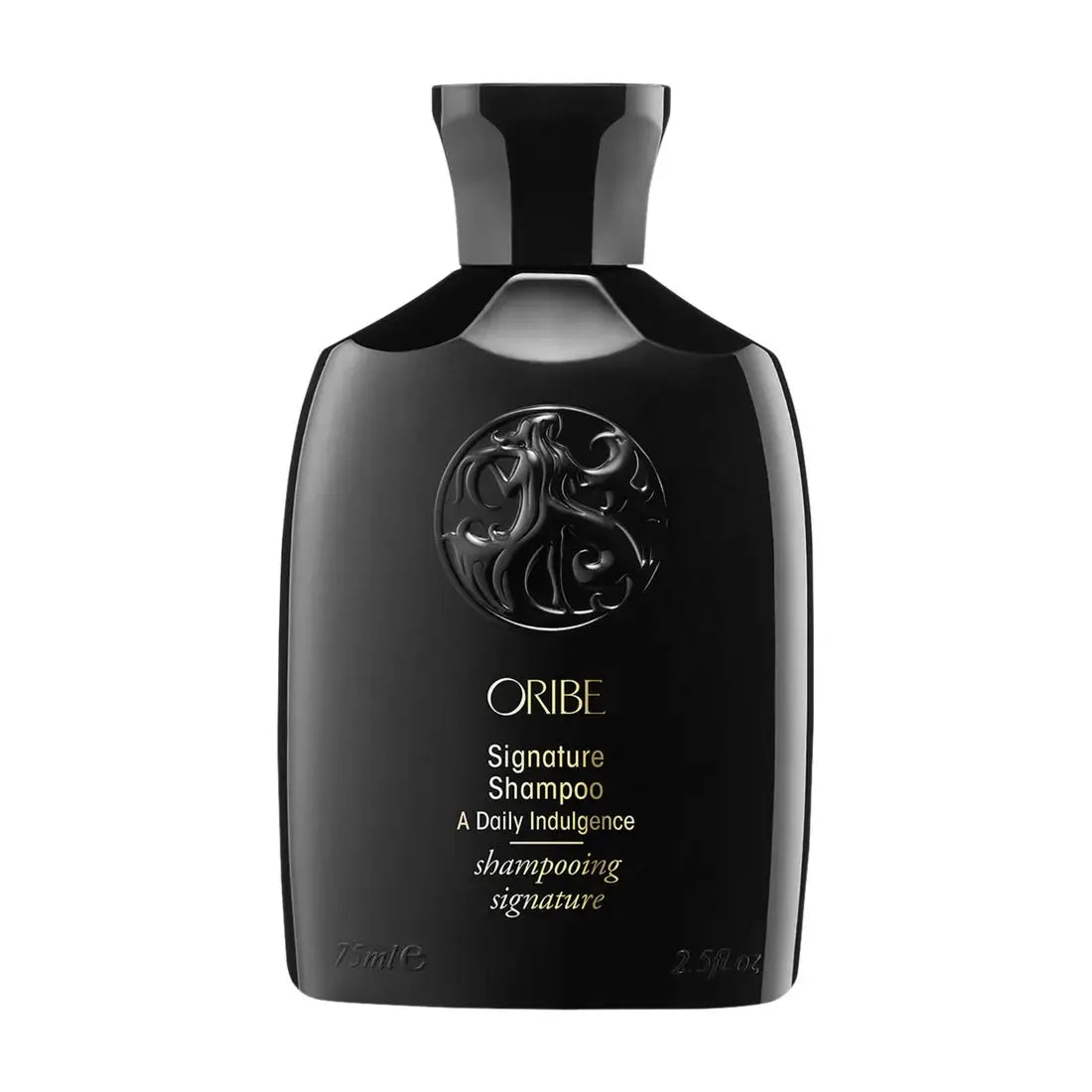 Oribe Signature Shampoo bottle black glossy with embossed crest by Nava Beauty on Tampa Home & Garden Store