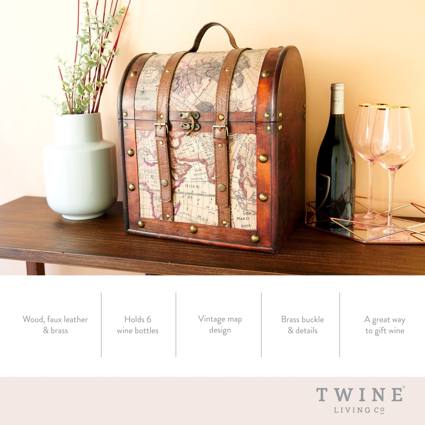 Six Bottle Old World Teak and Leather Wine Box