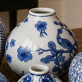 Samira blue porcelain vases set of two by Gia Roma featuring blue flowers and a bird motif on Tampa Home & Garden Store
