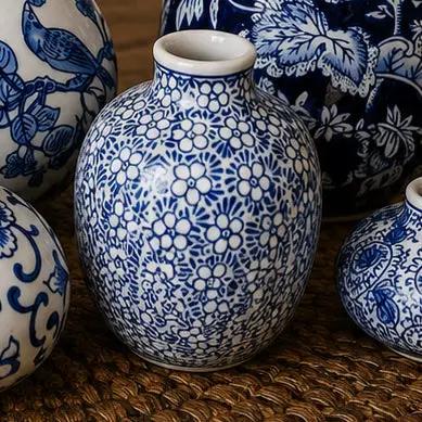 Samira blue porcelain vases set of 3 with white/blue floral pattern by Gia Roma on Tampa Home & Garden Store