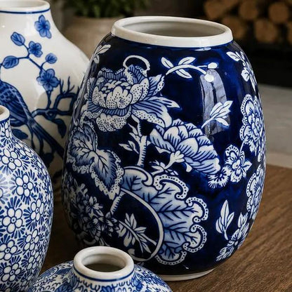 Samira Blue Porcelain Vases set of three by Gia Roma with blue and white floral patterns on Tampa Home & Garden Store