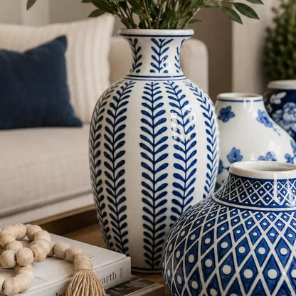Samira blue porcelain vases by Gia Roma; blue and white ceramic decor with leaf patterns on Tampa Home & Garden Store