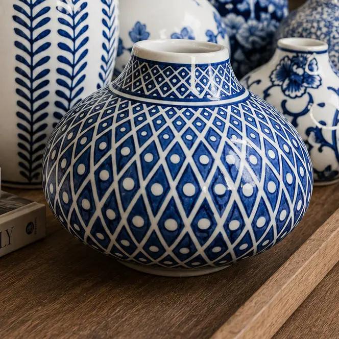 Samira Blue Porcelain Vase with blue and white geometric lattice pattern on Tampa Home & Garden Store