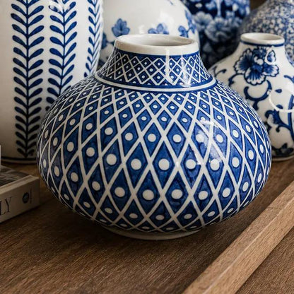 Samira Blue Porcelain Vase with blue and white geometric lattice pattern on Tampa Home & Garden Store
