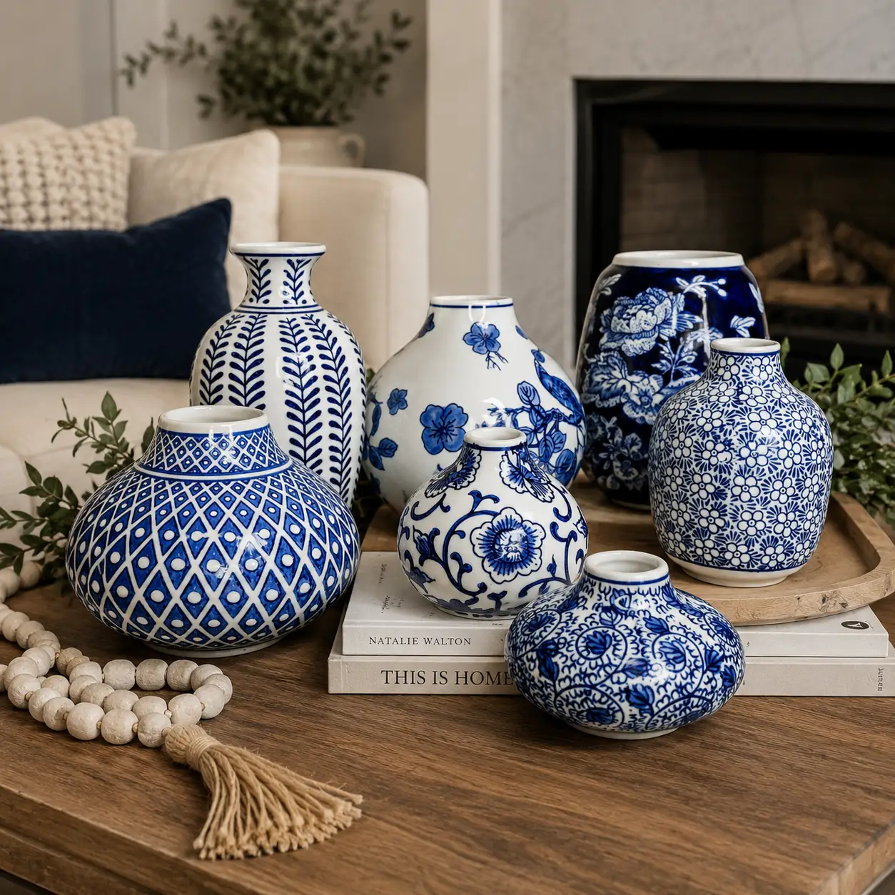Samira blue porcelain vases in assorted sizes with cobalt floral patterns on a wooden table on Tampa Home & Garden Store