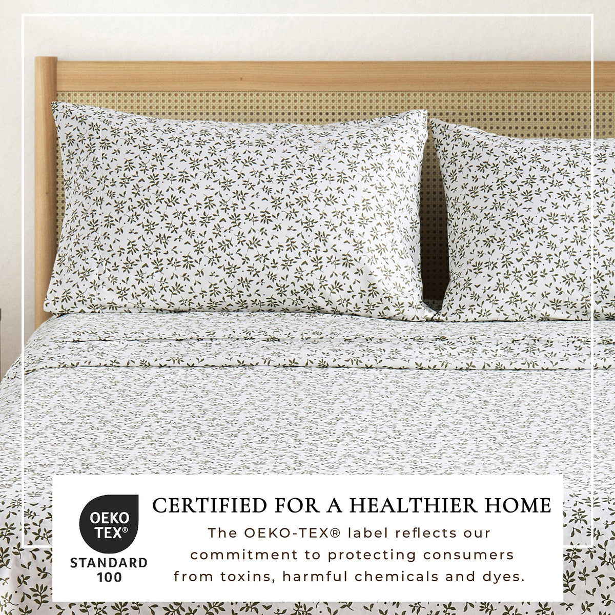 Printed Baylor Collection bed sheets by Great Bay Home, white with small botanical print on Tampa Home & Garden Store