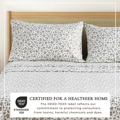 Printed Baylor Collection bed sheets by Great Bay Home, white with small botanical print on Tampa Home & Garden Store