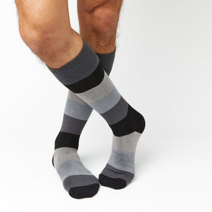 Vega Dress Socks by DeadSoxy, boardroom dress socks in gray and blue striped pattern, pair on Tampa Home & Garden Store