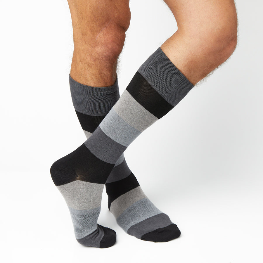 Vega Dress Socks by DeadSoxy, gray and black striped pair of boardroom socks on Tampa Home & Garden Store
