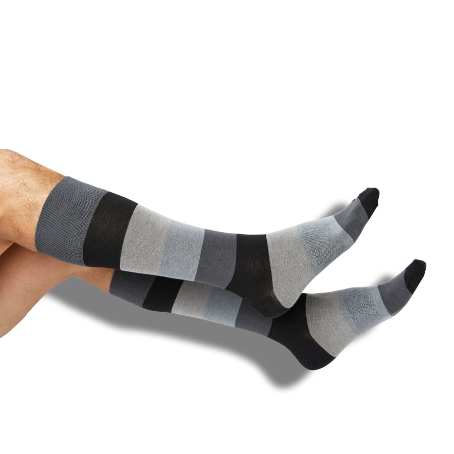 Vega Dress Socks pair by DeadSoxy, boardroom dress socks in blue gray black stripes on Tampa Home & Garden Store