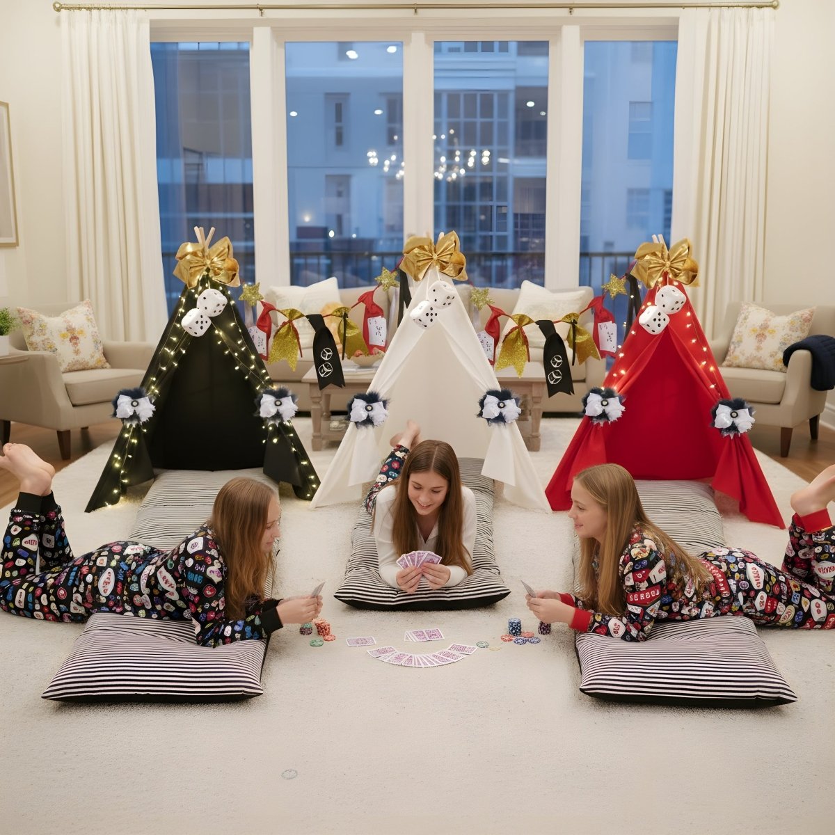 Vegas Casino Sleepover Kit; tri-color tents with lights and bows; kids play cards on cushions on Tampa Home & Garden Store