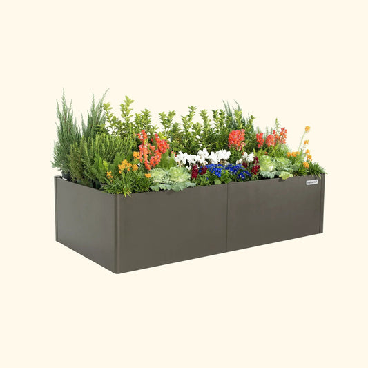 17in Tall Modern Pro metal raised garden bed 42x83 in dark gray with thriving herbs Vego Garden on Tampa Home & Garden Store