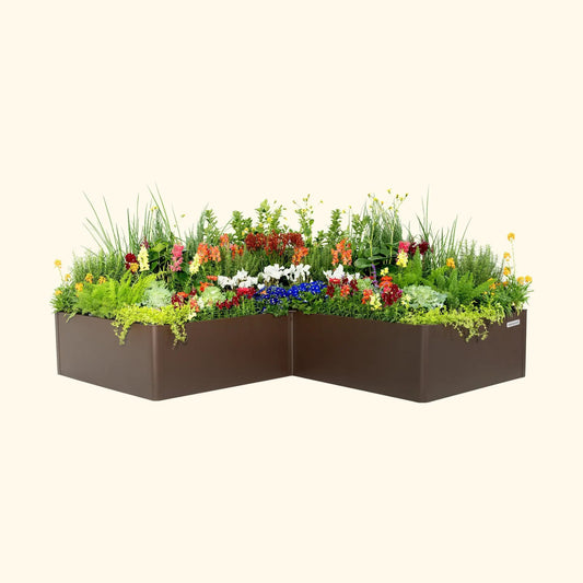 L-shaped metal raised garden bed 83 by 83 inch brown finish filled with colorful flowers by Vego Garden on Tampa Home & Garden Store