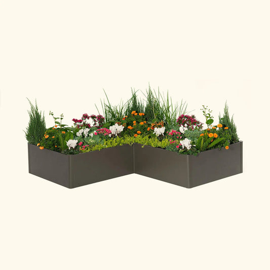 L-shaped metal raised garden bed 83x83 in dark gray, 17in tall, Vego Garden with flowers on Tampa Home & Garden Store