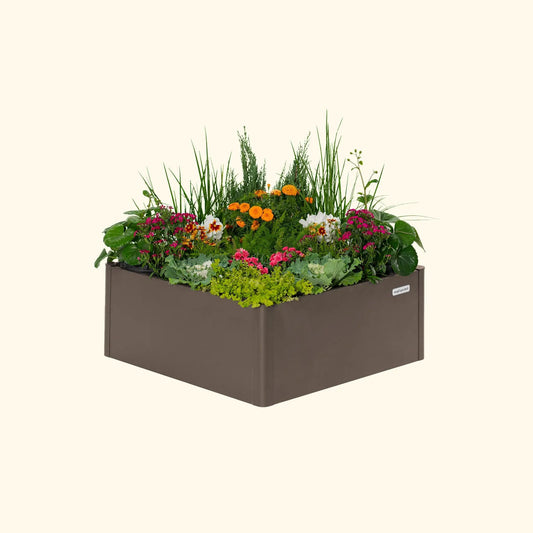 17in Tall Modern Pro metal raised garden bed 42x42 in brown with lush flowers, Vego Garden on Tampa Home & Garden Store