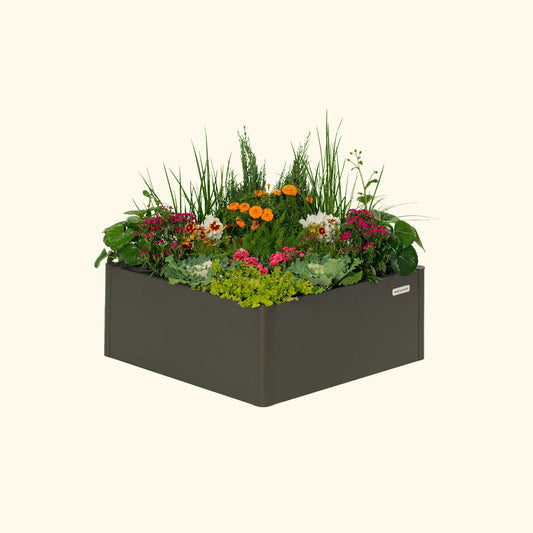 17in Tall Modern Pro 42x42 Vego Garden metal raised bed filled with flowers and greenery on Tampa Home & Garden Store