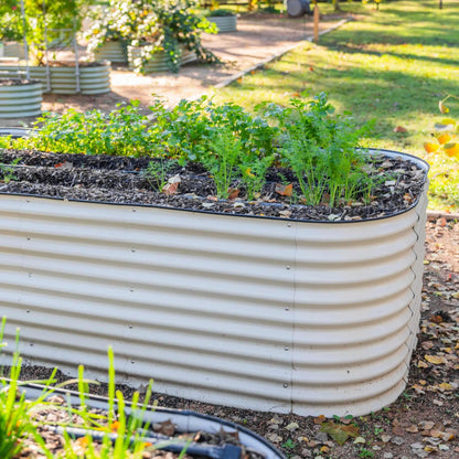 Vego Garden 32in 4x8 jumbo circular raised bed in white metal with mulch and young herbs on Tampa Home & Garden Store