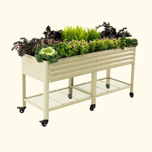 Elevated Garden Bed 2' x 6' beige metal frame with caster wheels by Vego Garden on Tampa Home & Garden Store