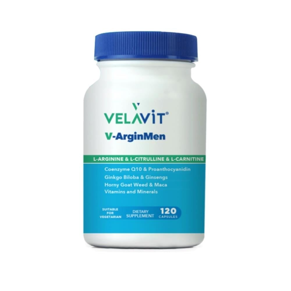 Velavit V-ArginMen dietary supplement bottle, white with blue cap and green label, 120 capsules on Tampa Home & Garden Store