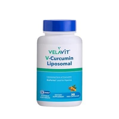 Velavit V-Curcumin Liposomal bottle with white container, blue cap and blue-green label, 30 capsules on Tampa Home & Garden Store